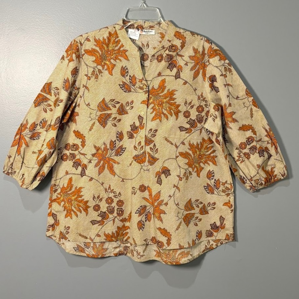 Batik Keris Blouse Wmns 4XL Orange Cotton Floral 3/4 Sleeve Boho Tunic Indonesia